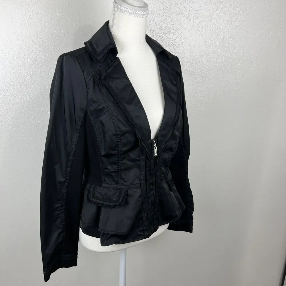 White House Black Market Blazer Women 8 Black Zip Long Sleeve Jacket Mixed Media